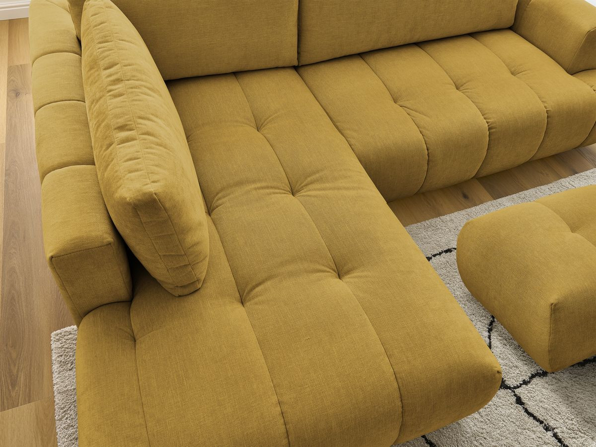 Canapé d'angle L convertible FUJI tissu lisse avec pouf