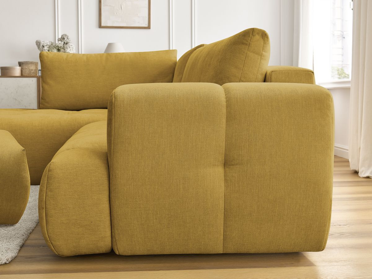 Canapé d'angle L convertible FUJI tissu lisse avec pouf