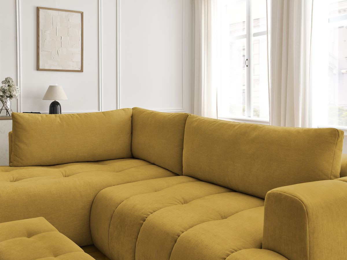 Canapé d'angle L convertible FUJI tissu lisse avec pouf