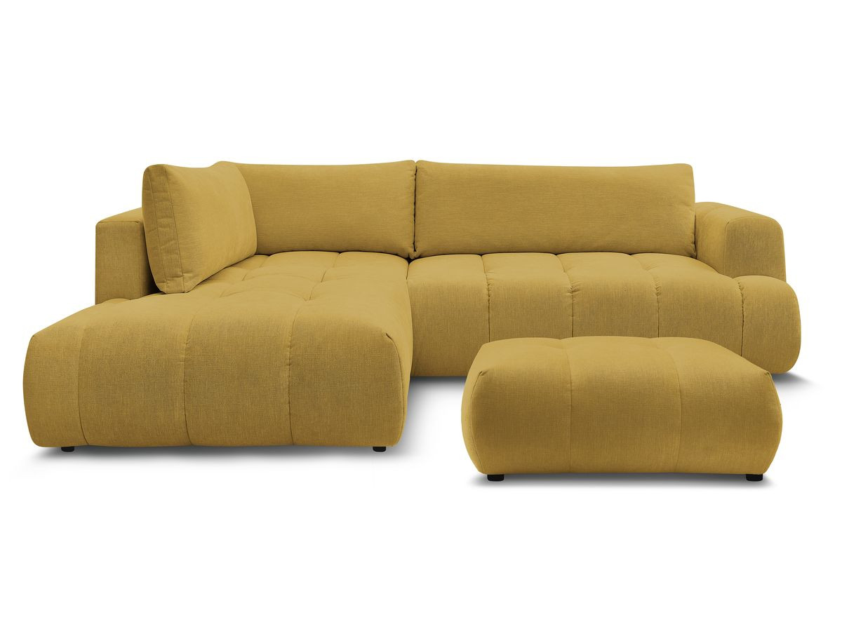 Canapé d'angle L convertible FUJI tissu lisse avec pouf