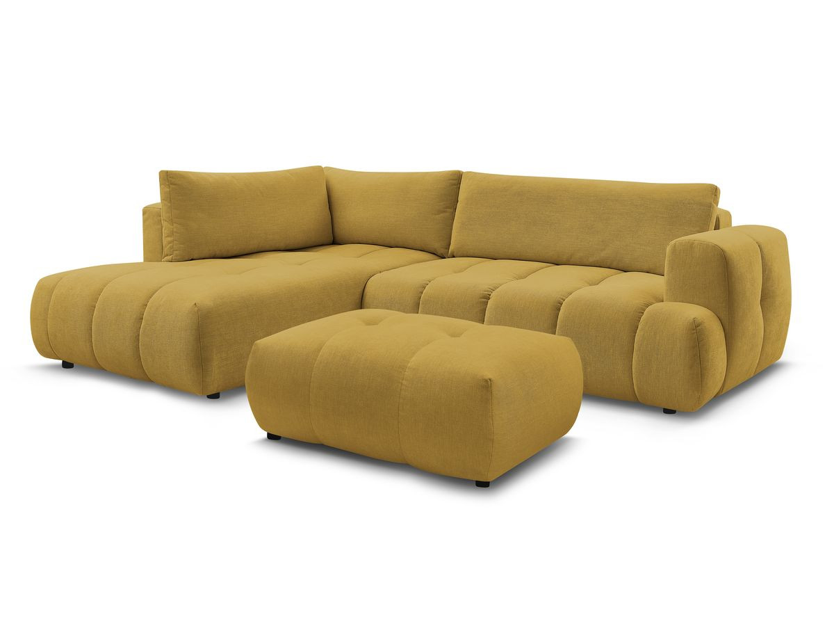 canapé d'angle l convertible fuji tissu lisse avec pouf de couleur jaune