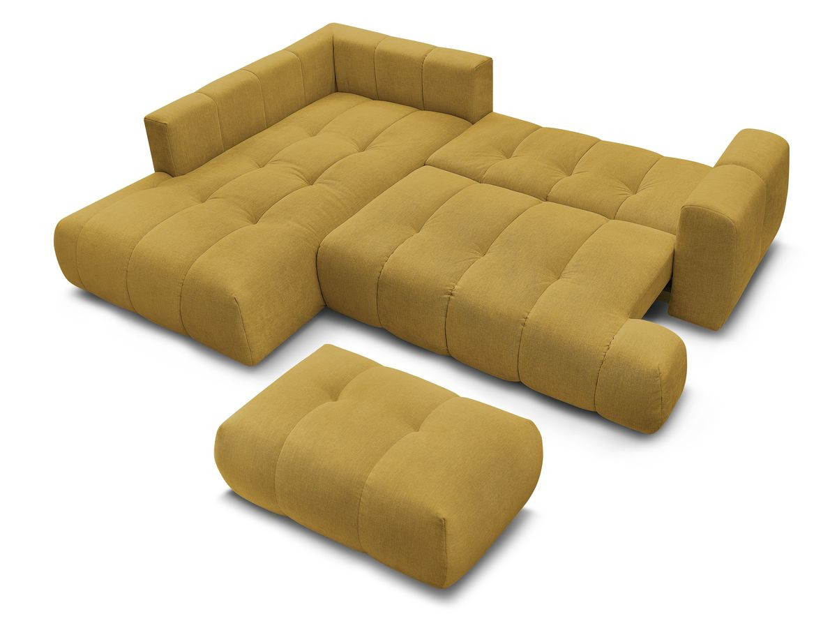 Canapé d'angle L convertible FUJI tissu lisse avec pouf