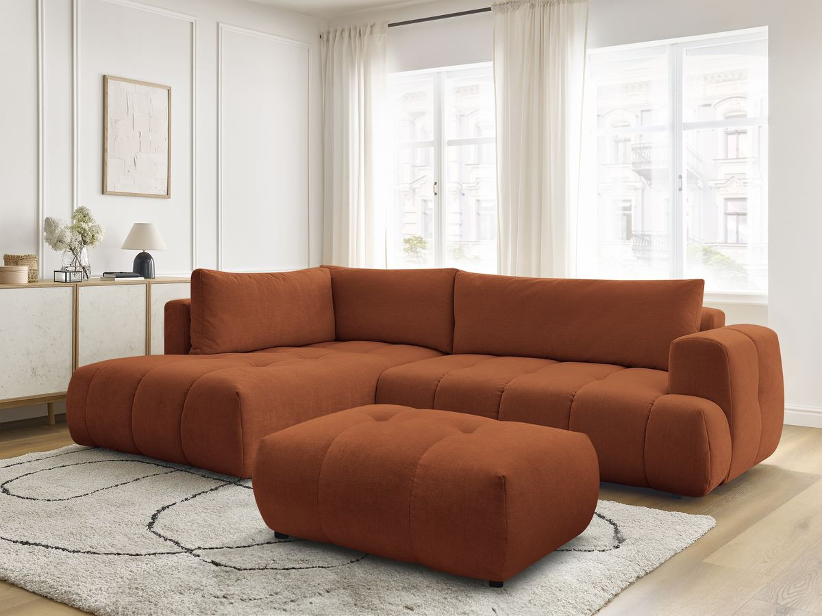 Canapé d'angle L convertible FUJI tissu lisse avec pouf
