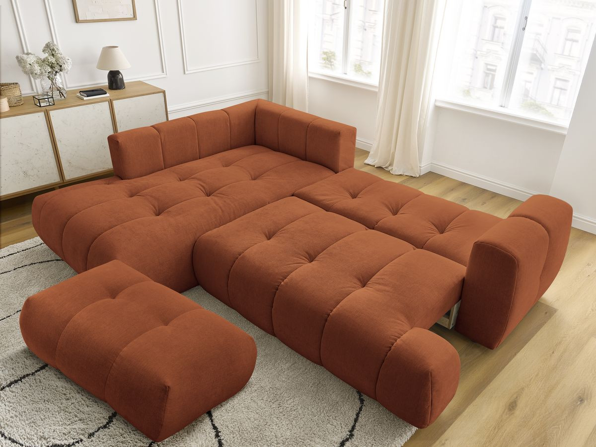 Canapé d'angle L convertible FUJI tissu lisse avec pouf