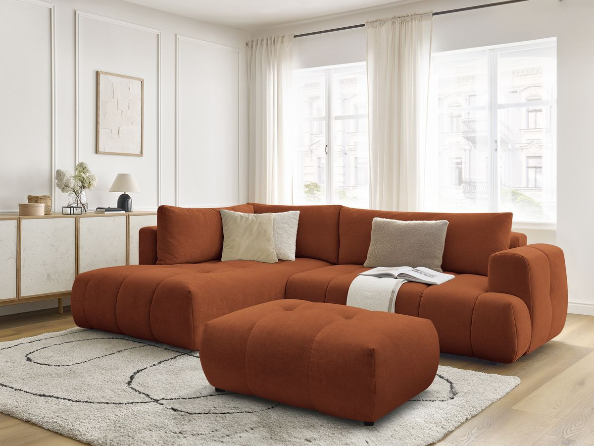 Canapé d'angle L convertible FUJI tissu lisse avec pouf