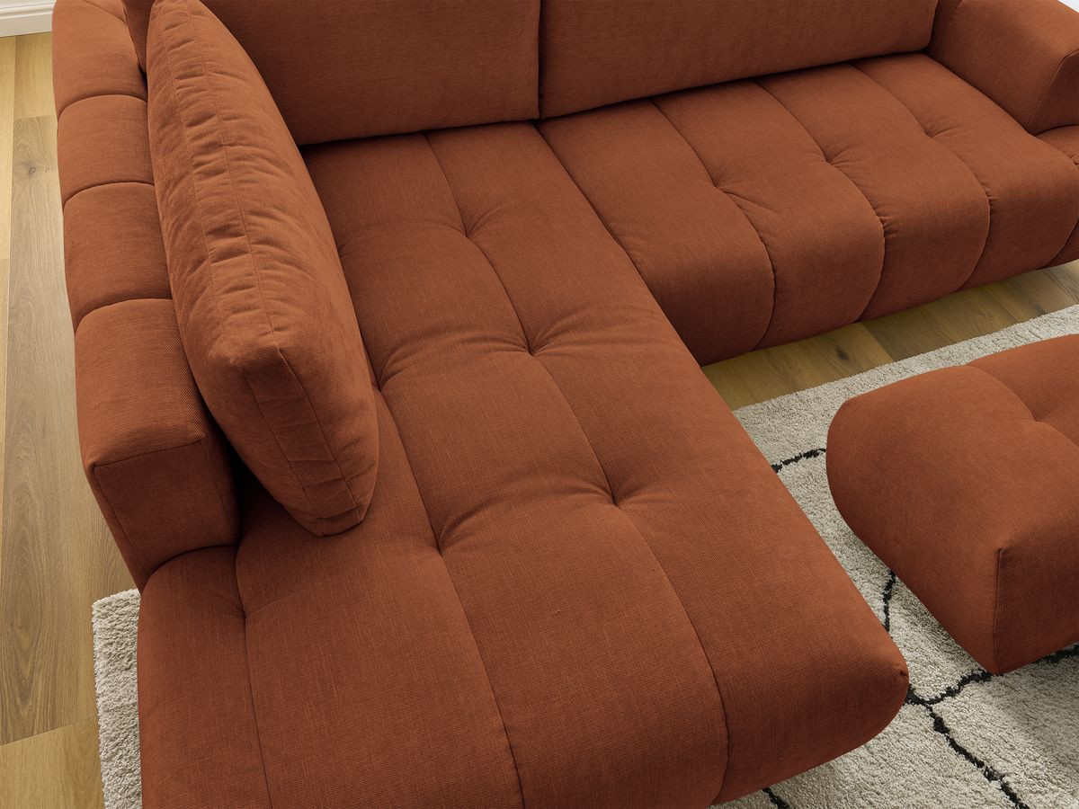 Canapé d'angle L convertible FUJI tissu lisse avec pouf