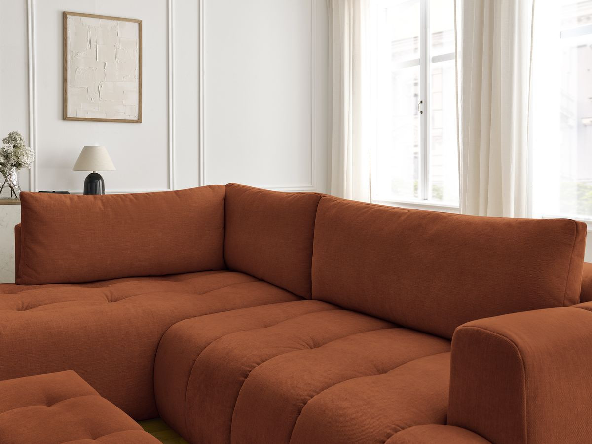 Canapé d'angle L convertible FUJI tissu lisse avec pouf