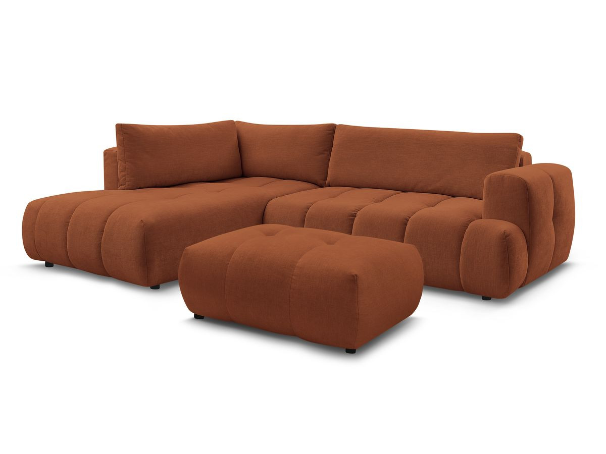 canapé d'angle l convertible fuji tissu lisse avec pouf de couleur orange