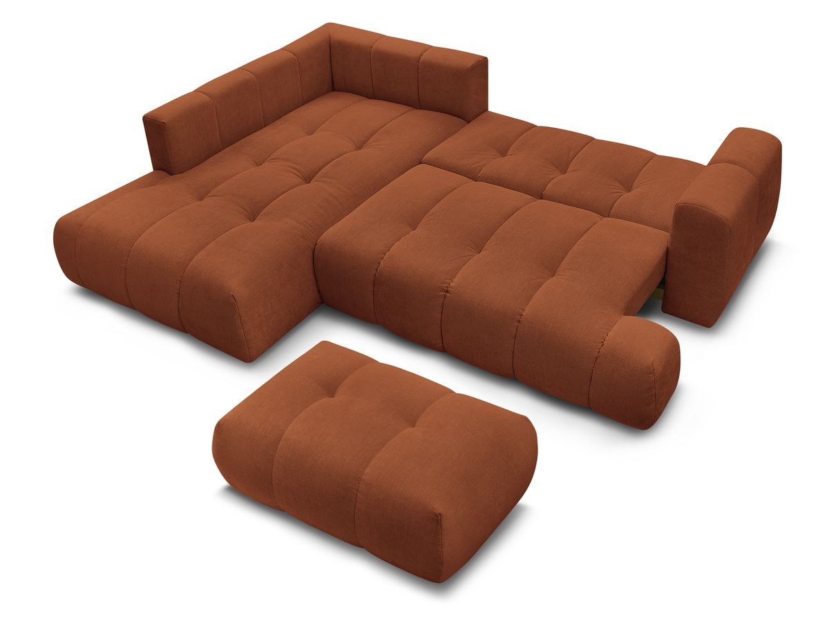 Canapé d'angle L convertible FUJI tissu lisse avec pouf