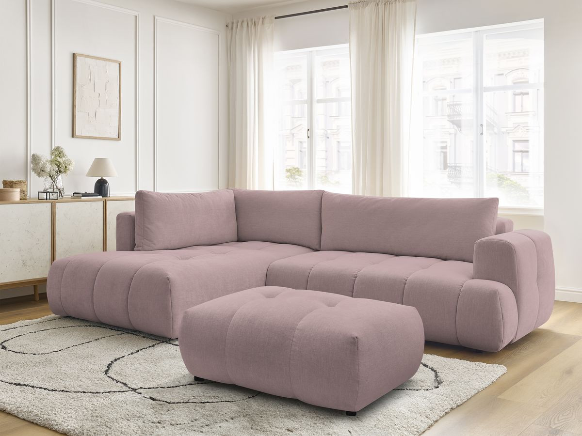 Canapé d'angle L convertible FUJI tissu lisse avec pouf