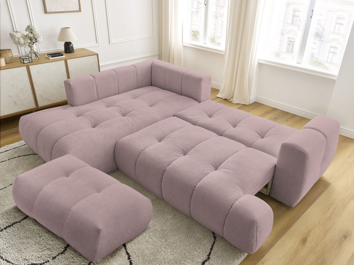 Canapé d'angle L convertible FUJI tissu lisse avec pouf