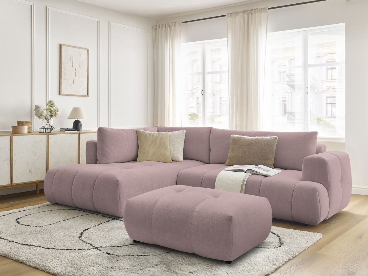 Canapé d'angle L convertible FUJI tissu lisse avec pouf