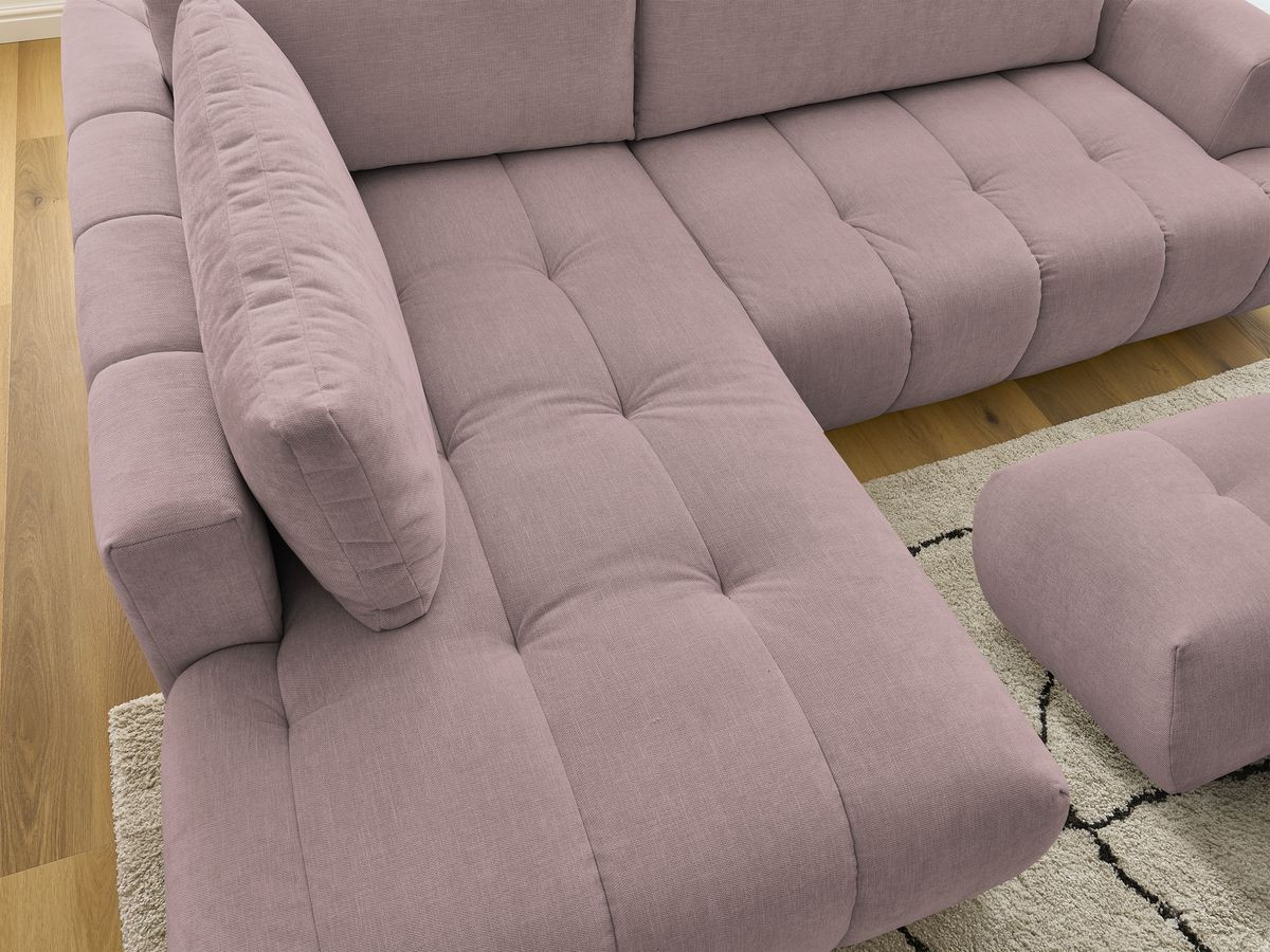 Canapé d'angle L convertible FUJI tissu lisse avec pouf
