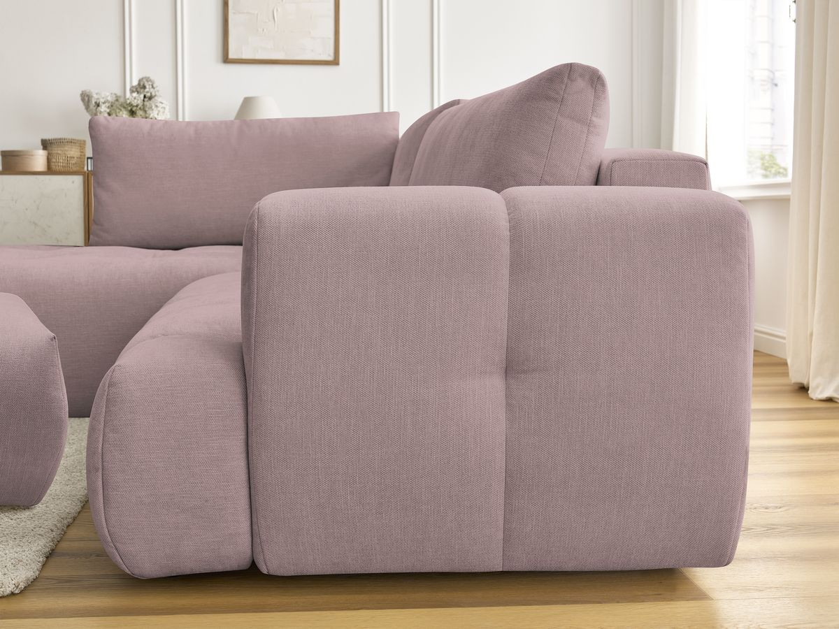 Canapé d'angle L convertible FUJI tissu lisse avec pouf