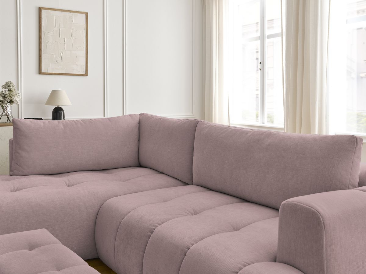 Canapé d'angle L convertible FUJI tissu lisse avec pouf