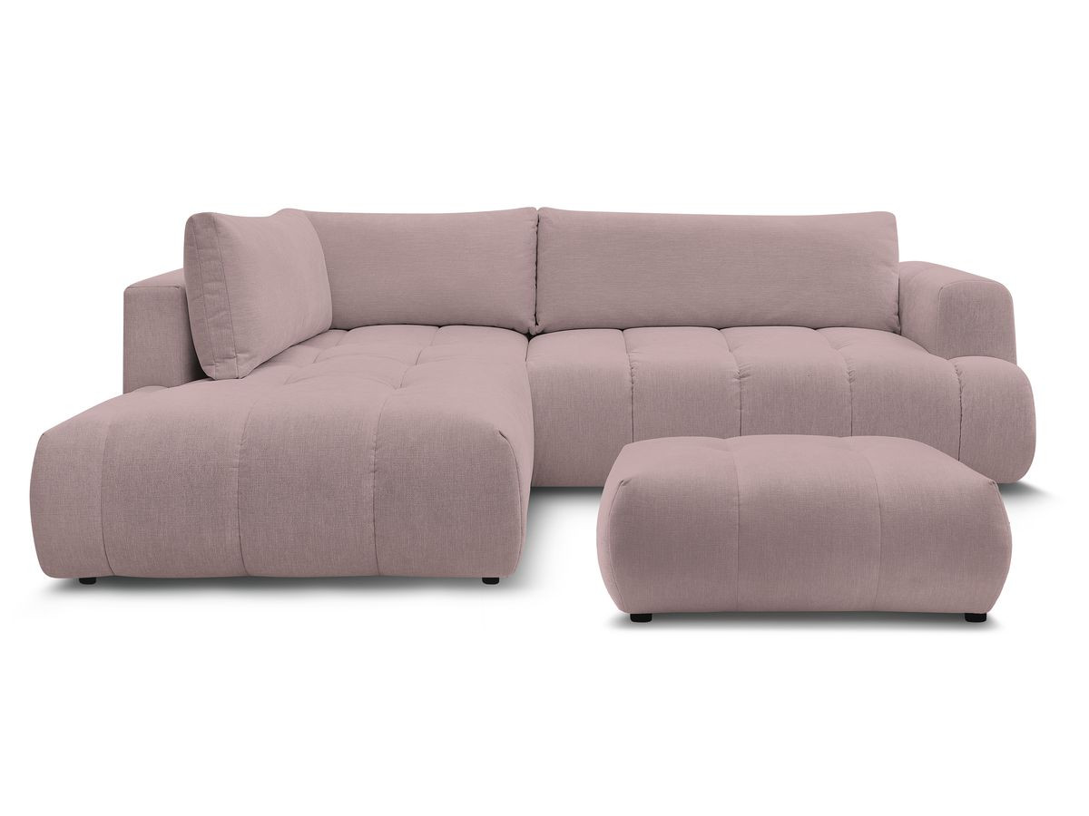 Canapé d'angle L convertible FUJI tissu lisse avec pouf