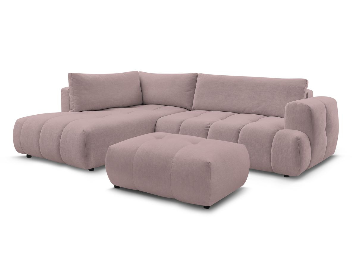 Canapé d'angle L convertible FUJI tissu lisse avec pouf