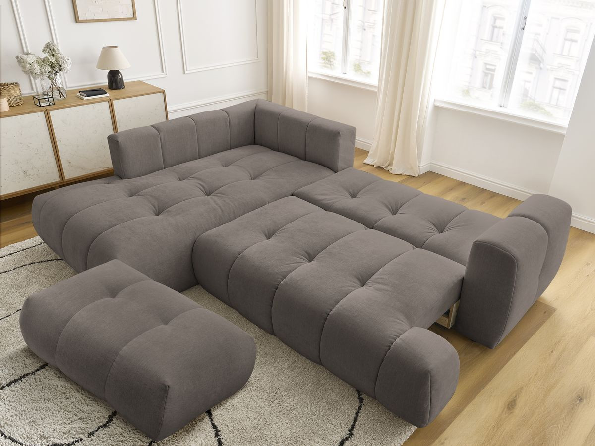 Canapé d'angle L convertible FUJI tissu lisse avec pouf