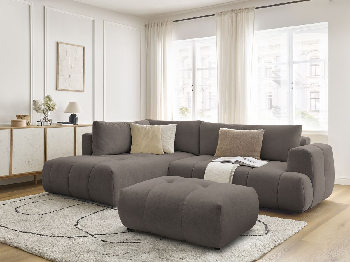 Canapé d'angle L convertible FUJI tissu lisse avec pouf