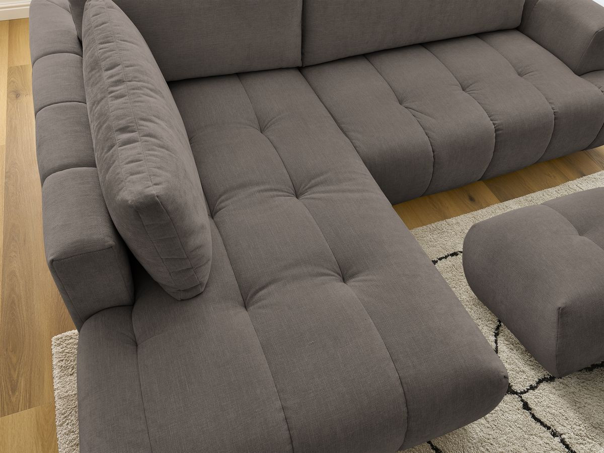 Canapé d'angle L convertible FUJI tissu lisse avec pouf