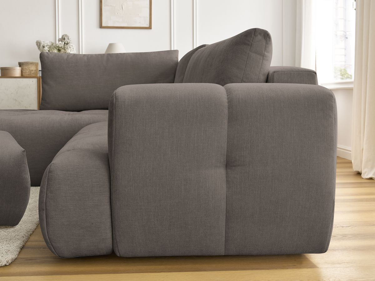 Canapé d'angle L convertible FUJI tissu lisse avec pouf