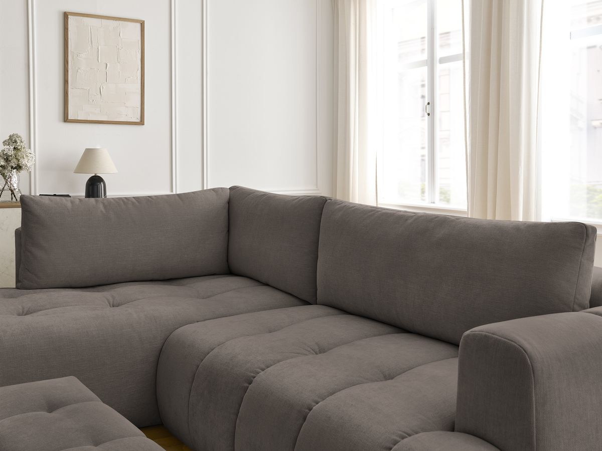 Canapé d'angle L convertible FUJI tissu lisse avec pouf
