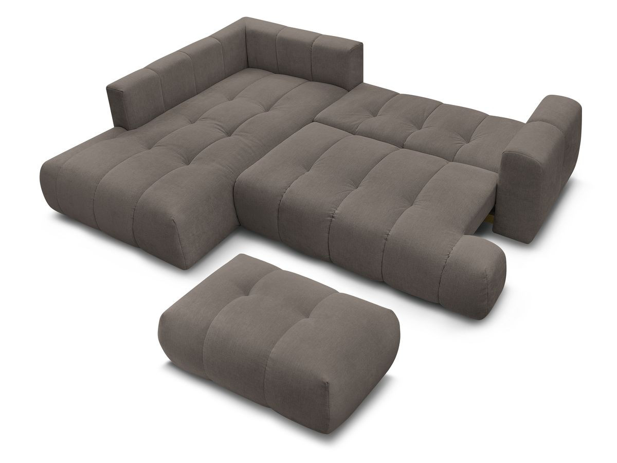 Canapé d'angle L convertible FUJI tissu lisse avec pouf