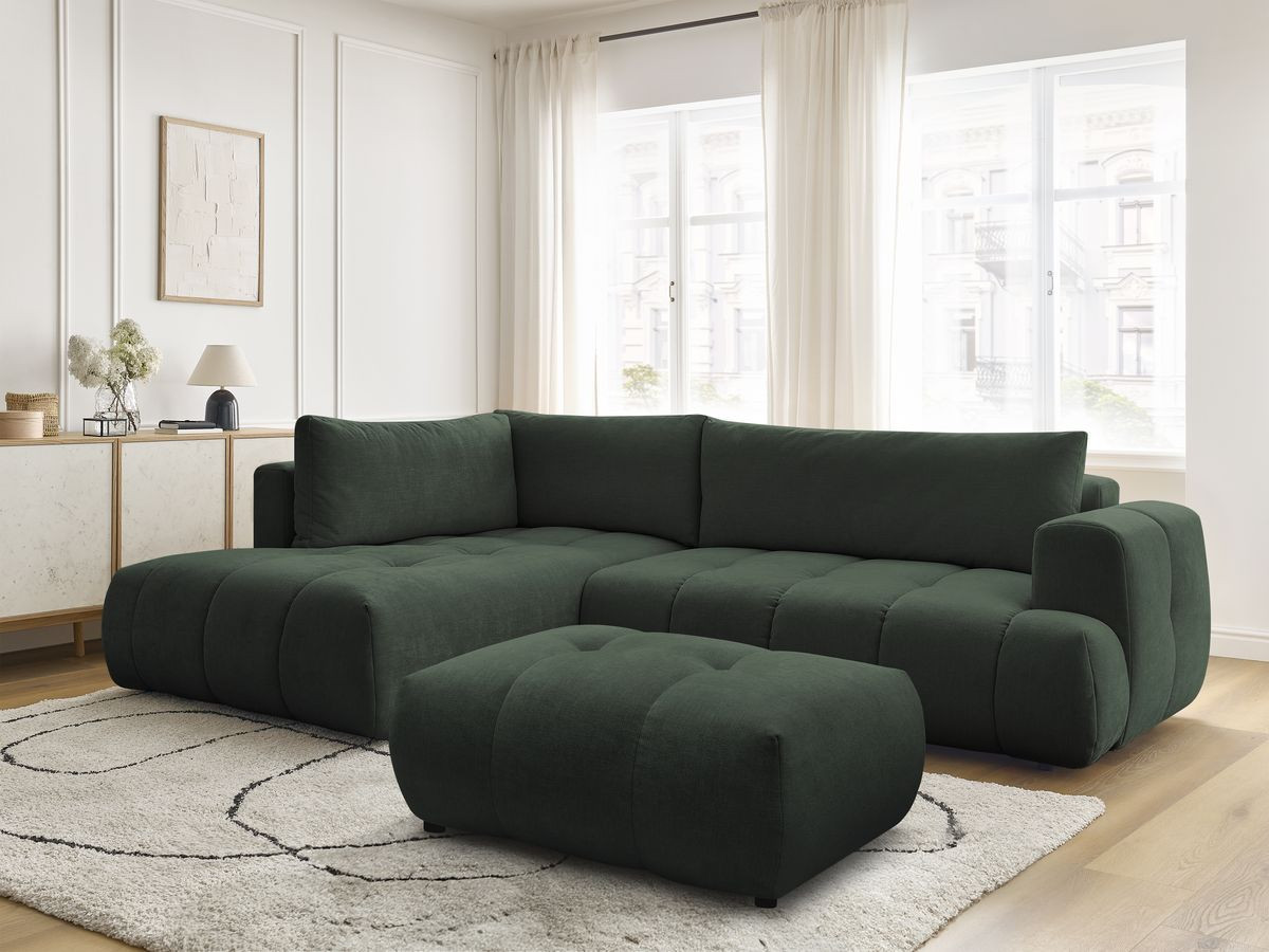 Canapé d'angle L convertible FUJI tissu lisse avec pouf