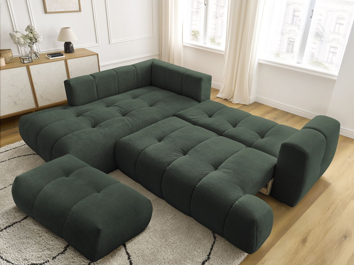 Canapé d'angle L convertible FUJI tissu lisse avec pouf