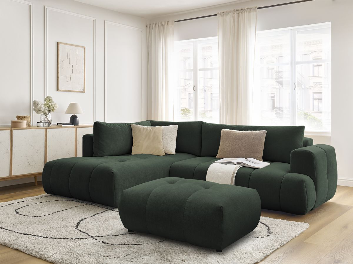 Canapé d'angle L convertible FUJI tissu lisse avec pouf