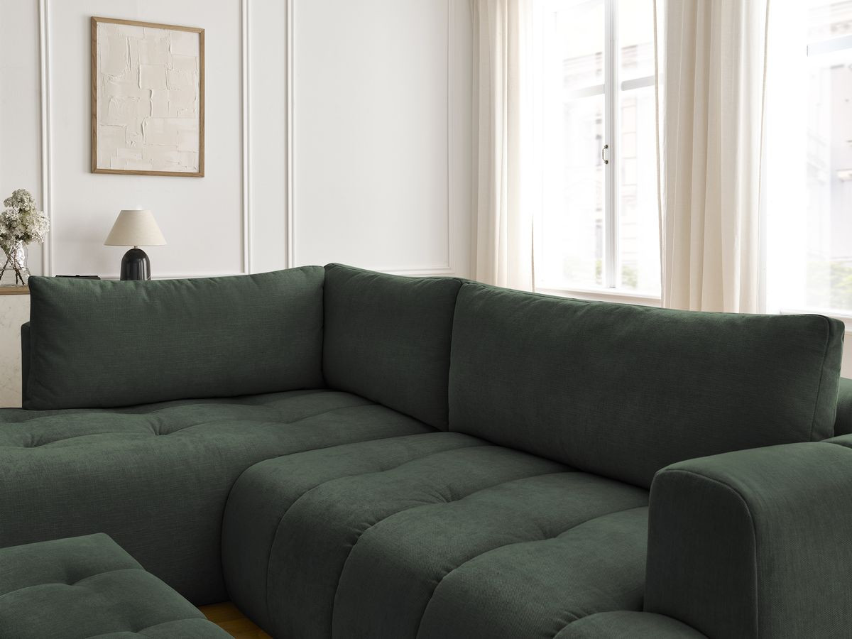 Canapé d'angle L convertible FUJI tissu lisse avec pouf