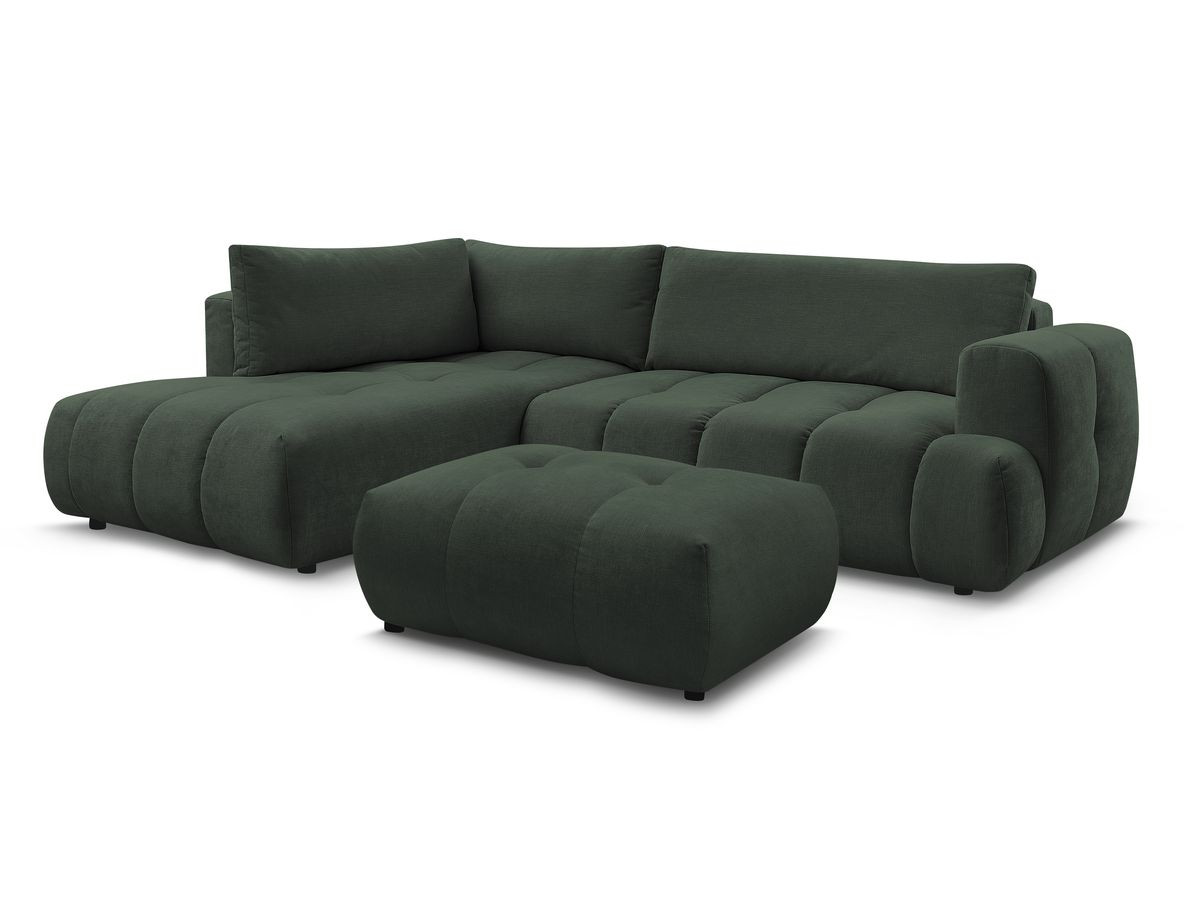canapé d'angle l convertible fuji tissu lisse avec pouf de couleur vert