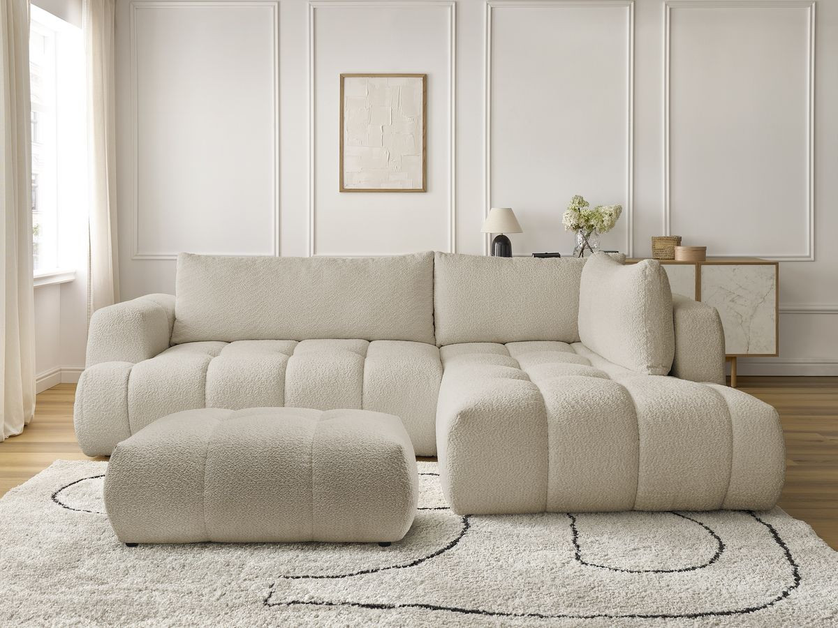 Canapé d'angle L convertible FUJI tissu bouclette avec pouf