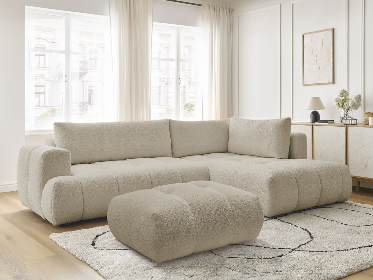 Canapé d'angle L convertible FUJI bouclette avec pouf beige — vue 5