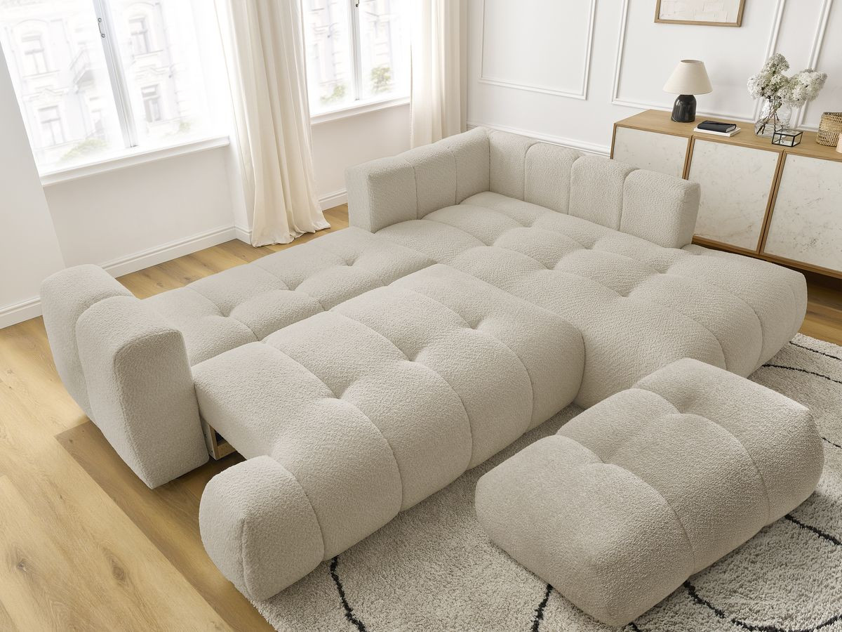 Canapé d'angle L convertible FUJI tissu bouclette avec pouf
