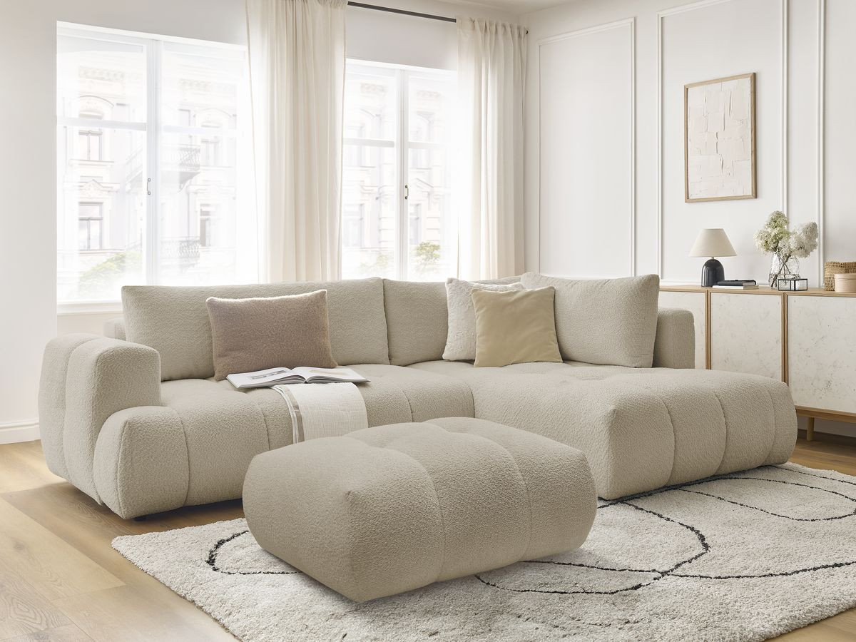 Canapé d'angle L convertible FUJI tissu bouclette avec pouf