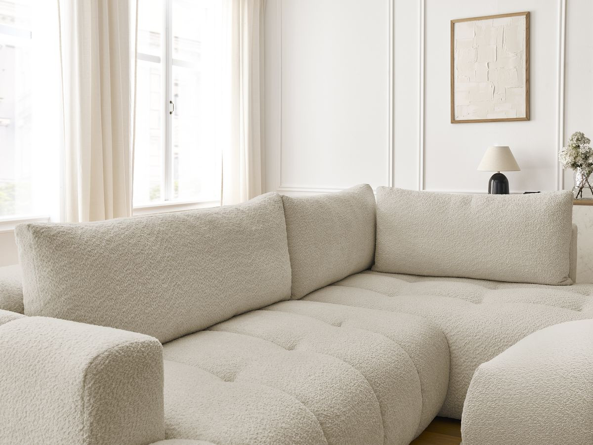 Canapé d'angle L convertible FUJI tissu bouclette avec pouf