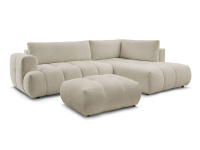 Canapé d'angle L convertible FUJI tissu bouclette avec pouf