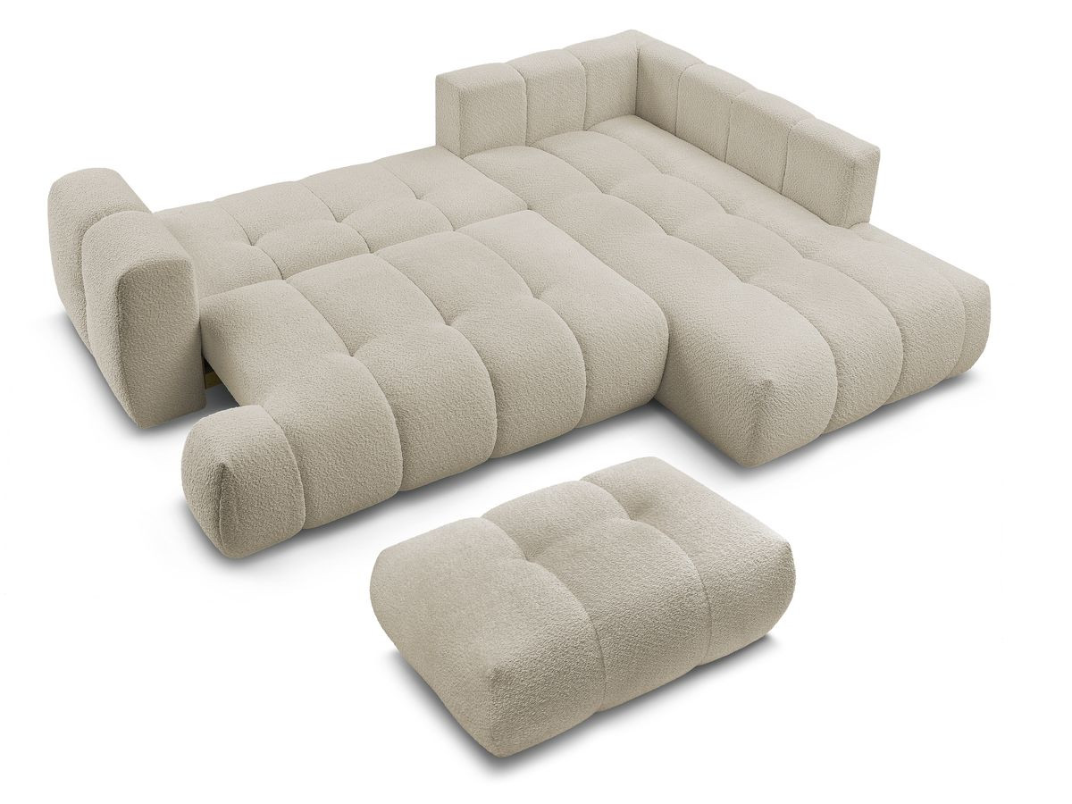 Canapé d'angle L convertible FUJI tissu bouclette avec pouf