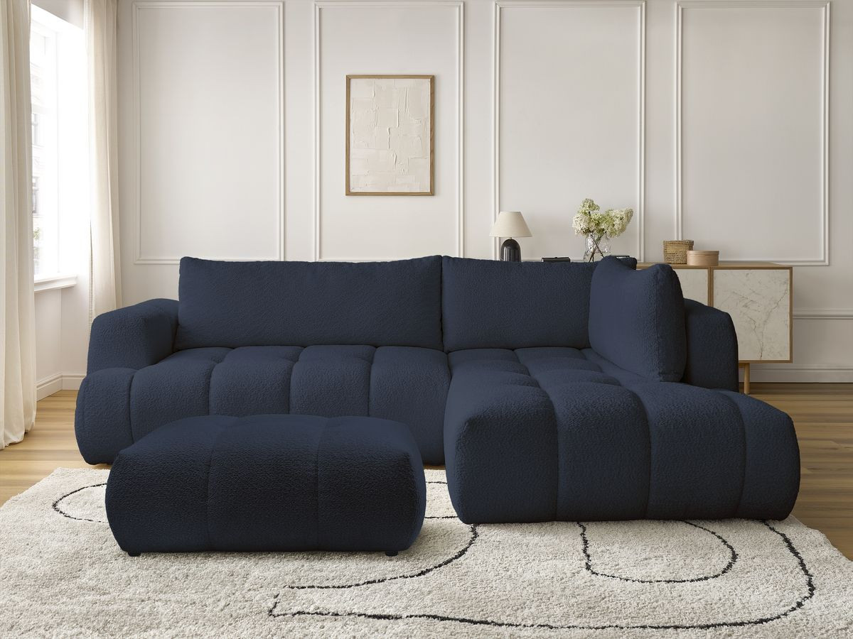 Canapé d'angle L convertible FUJI tissu bouclette avec pouf