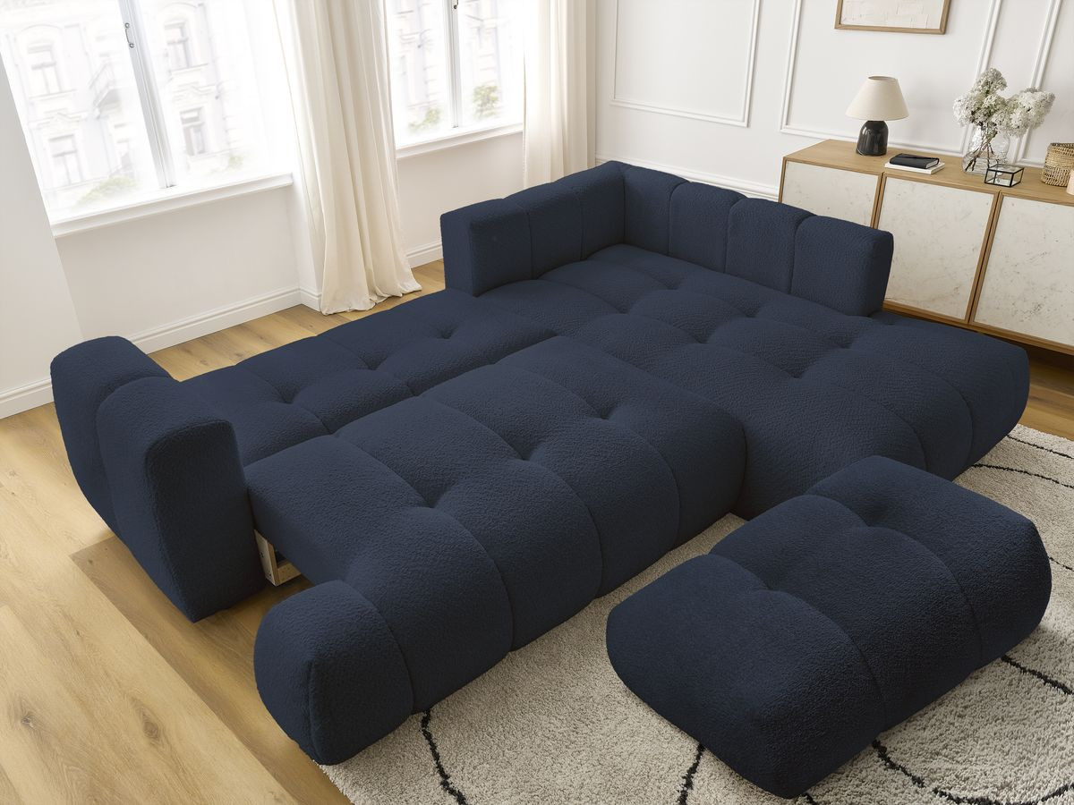 Canapé d'angle L convertible FUJI tissu bouclette avec pouf