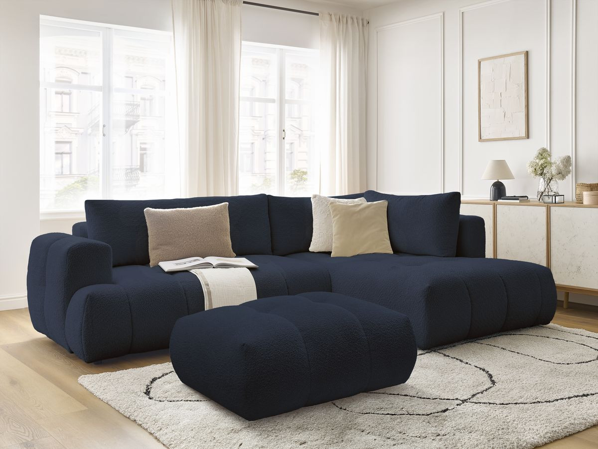 Canapé d'angle L convertible FUJI tissu bouclette avec pouf