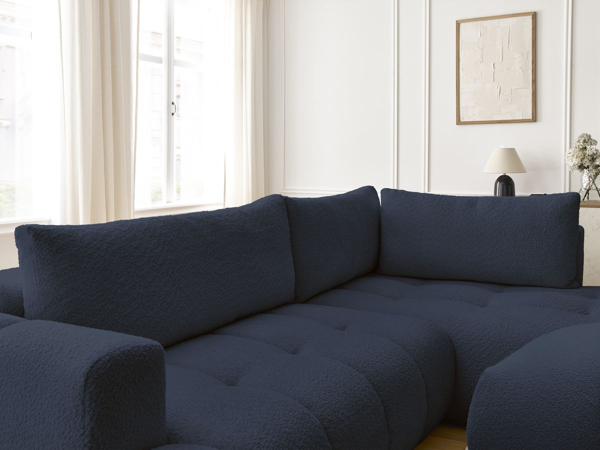Canapé d'angle L convertible FUJI tissu bouclette avec pouf