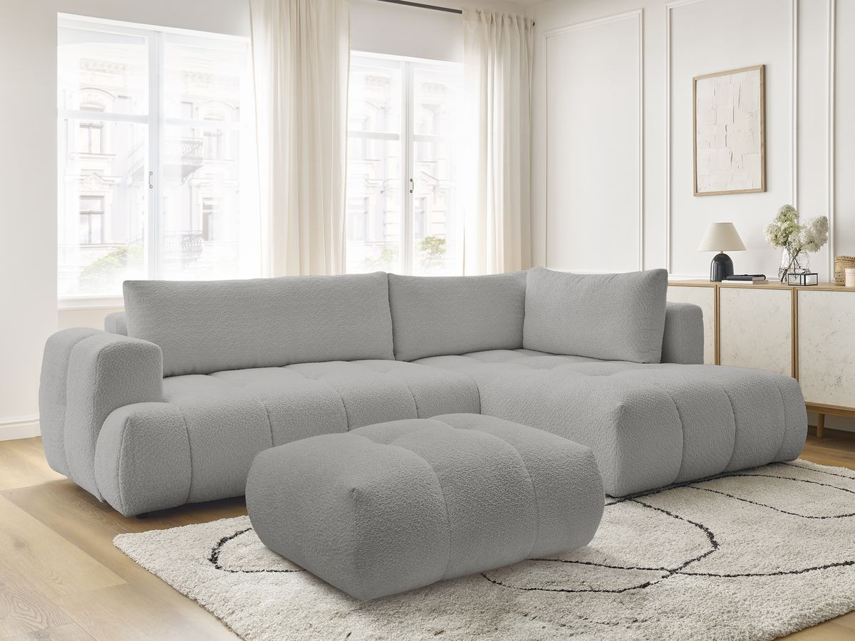 Canapé d'angle L convertible FUJI bouclette avec pouf gris clair — vue 5