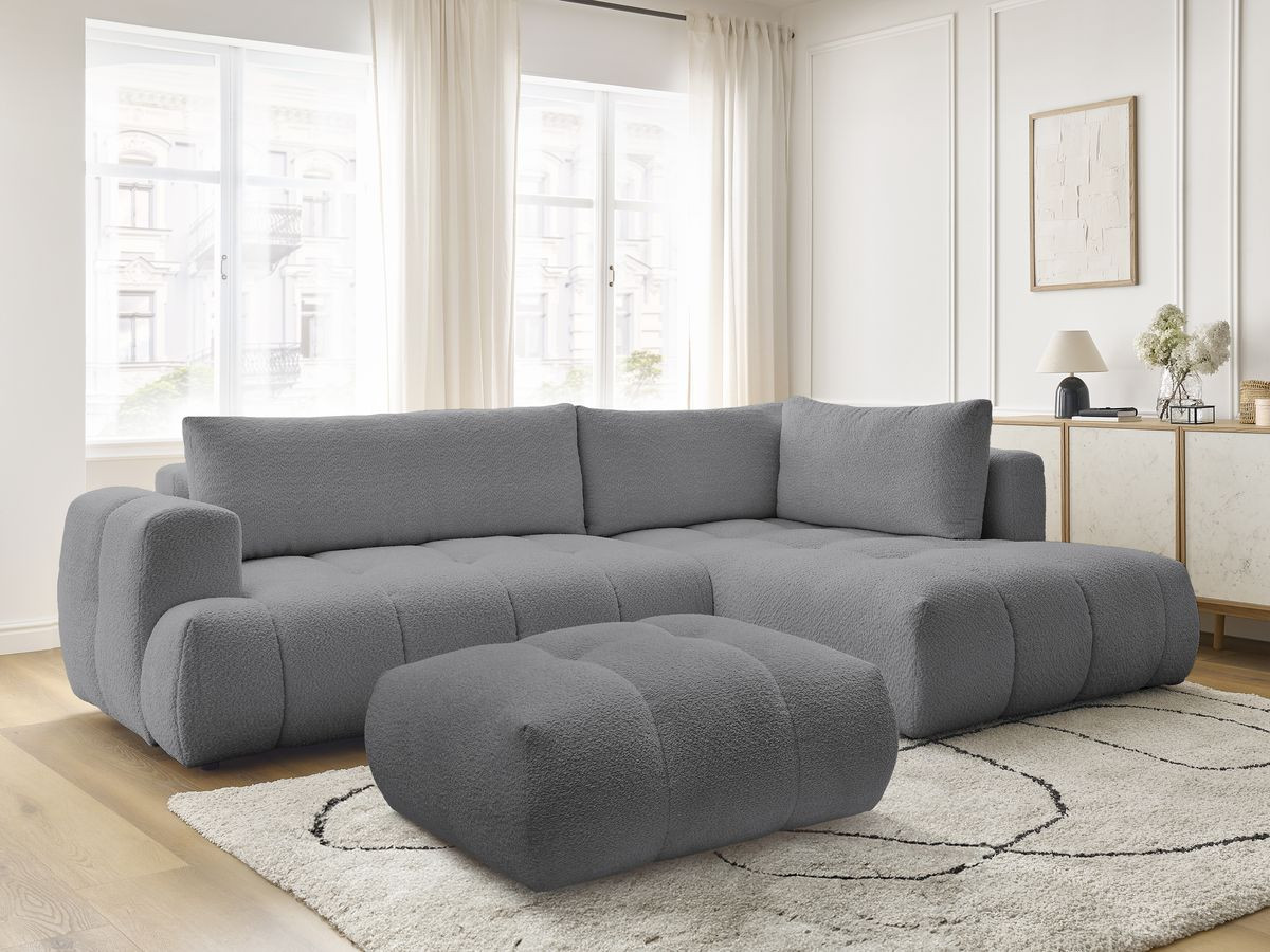 Canapé d'angle L convertible FUJI tissu bouclette avec pouf