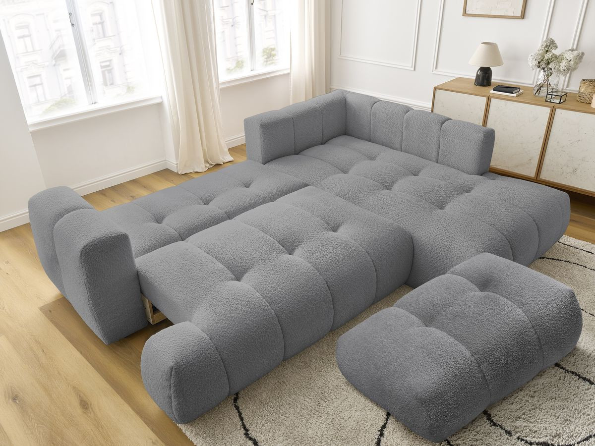 Canapé d'angle L convertible FUJI tissu bouclette avec pouf