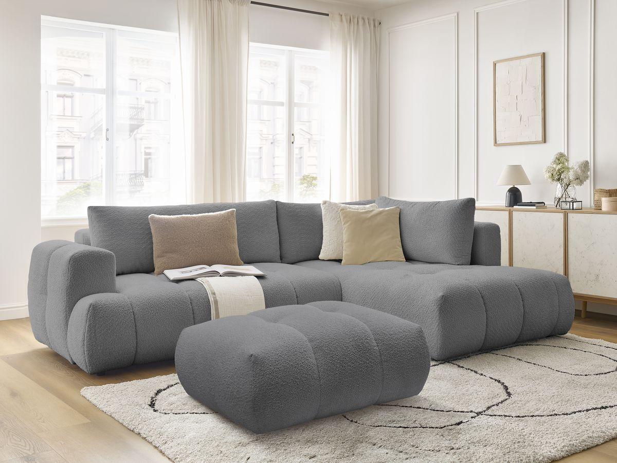 Canapé d'angle L convertible FUJI tissu bouclette avec pouf