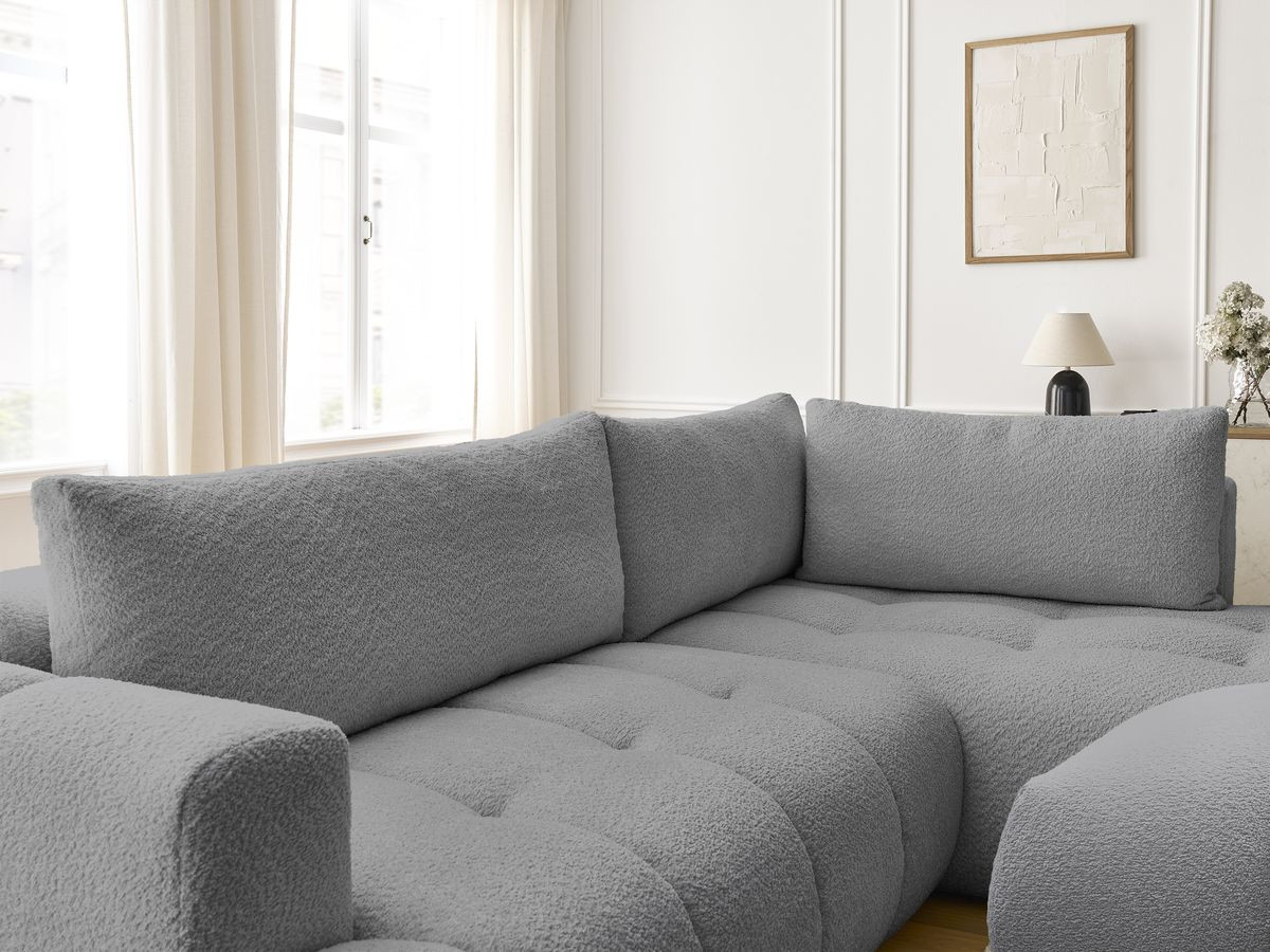 Canapé d'angle L convertible FUJI tissu bouclette avec pouf