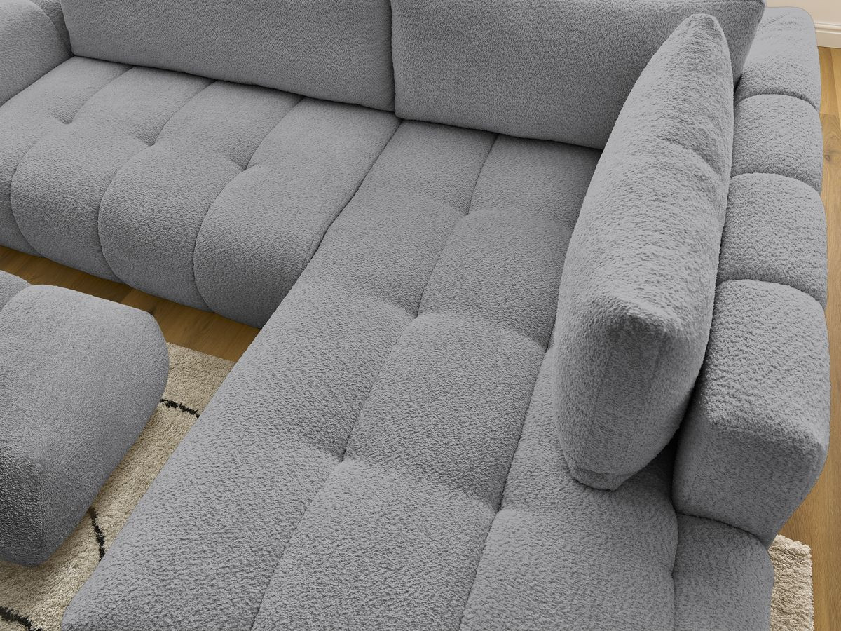 Canapé d'angle L convertible FUJI tissu bouclette avec pouf