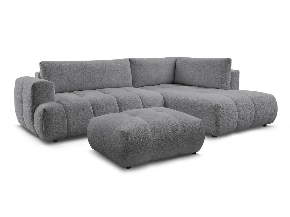 Canapé d'angle L convertible FUJI tissu bouclette avec pouf